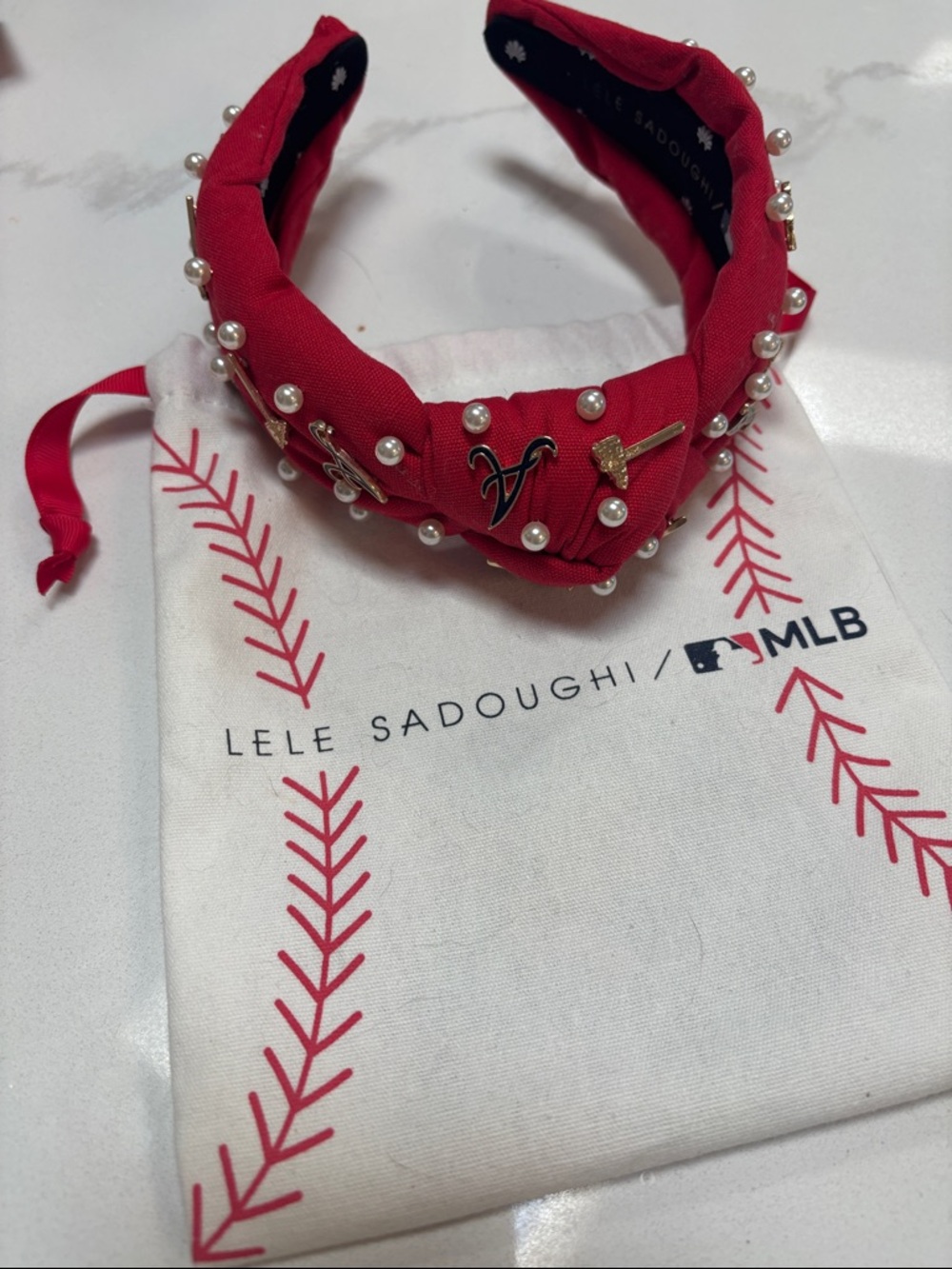 Lele Sadoughi Red Pearl & Charm Padded Headband